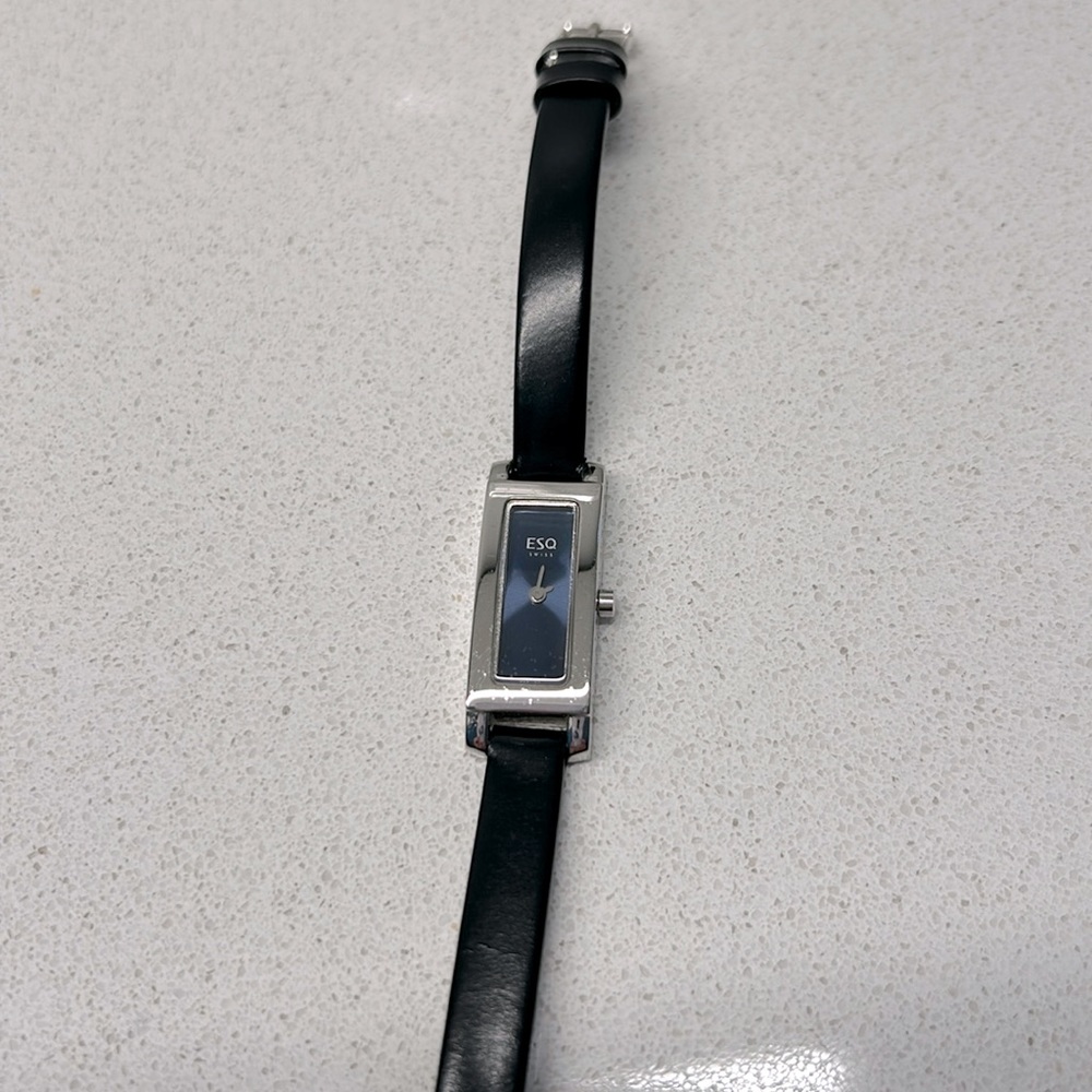 Vintage ESQ by Movado. Swiss made ladies watch. Black strap, silver with blue